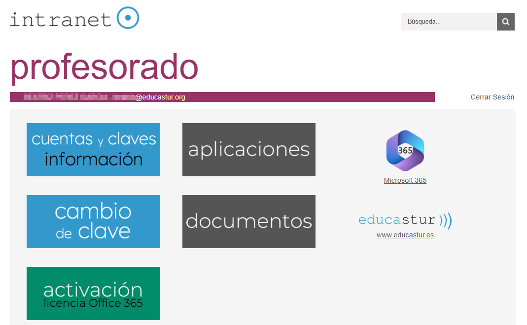 Educastur Intranet. Portada (perfil Profesorado)