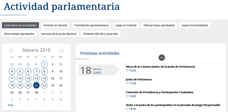 Junta General del Principado. Actividad parlamentaria: calendario, emisión en directo...