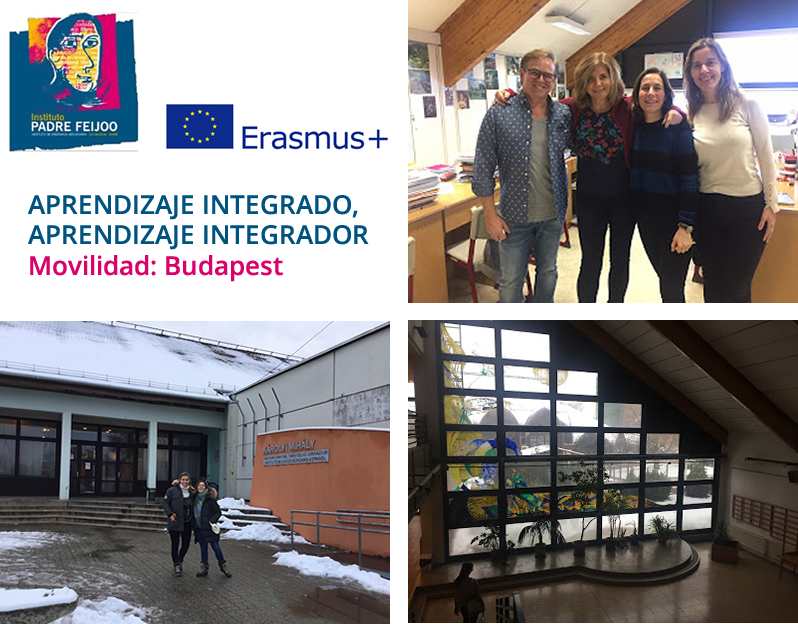 Erasmus+. IES P. Feijoo (Gijón). Aprendizaje integrado, aprendizaje integrador. Movilidad: Budapest. Logos IES feijoo y Erasmus+. Fotos movilidad